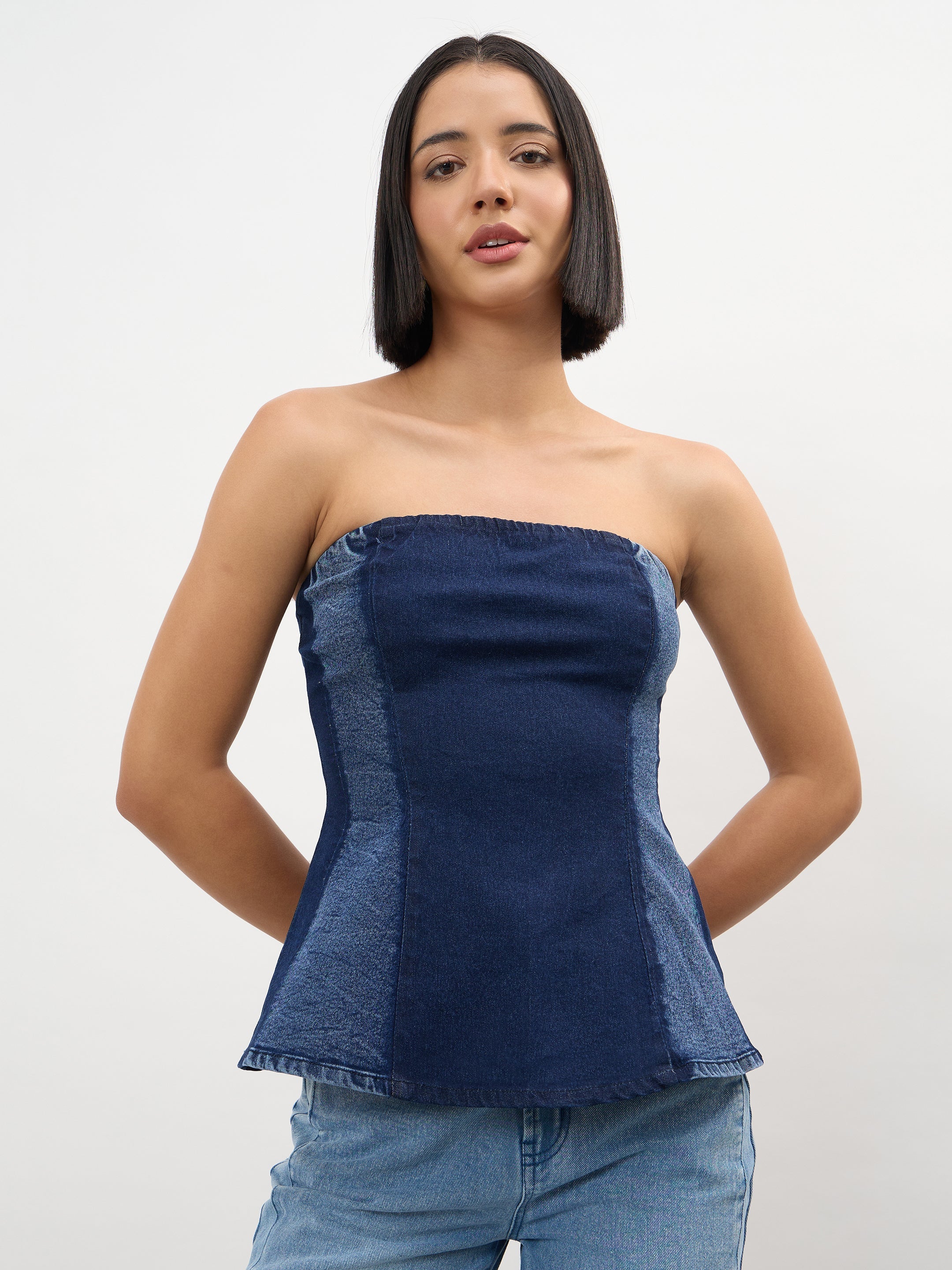 Women Navy Colour Blocking Tube Top
