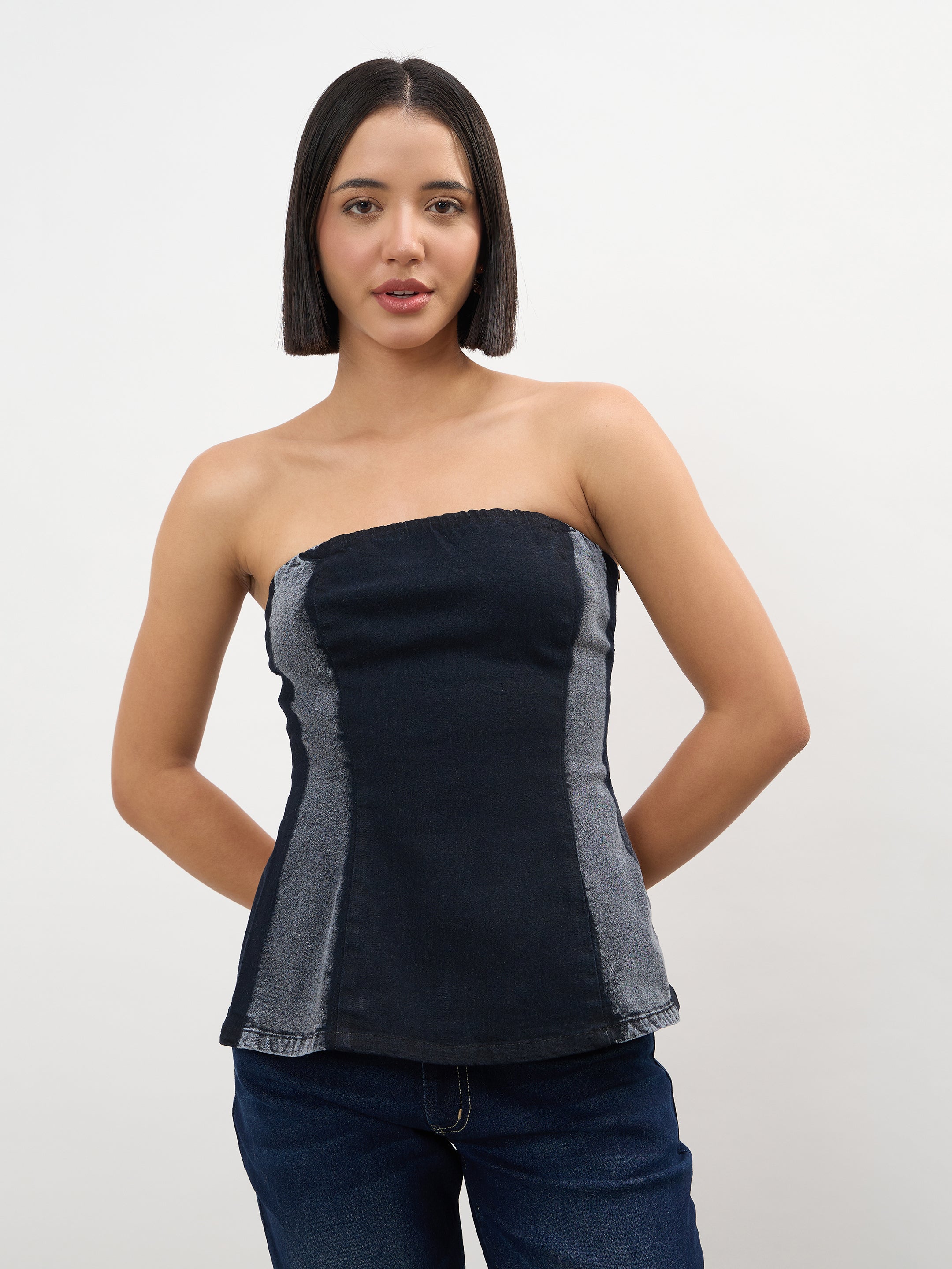 Women Black Colour Blocking Tube Top