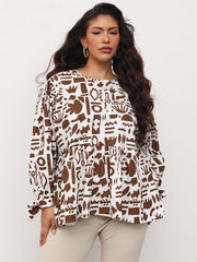 Women Brown & White Quirky Print Tie-Knot Peplum Top
