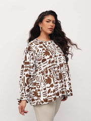 Women Brown & White Quirky Print Tie-Knot Peplum Top