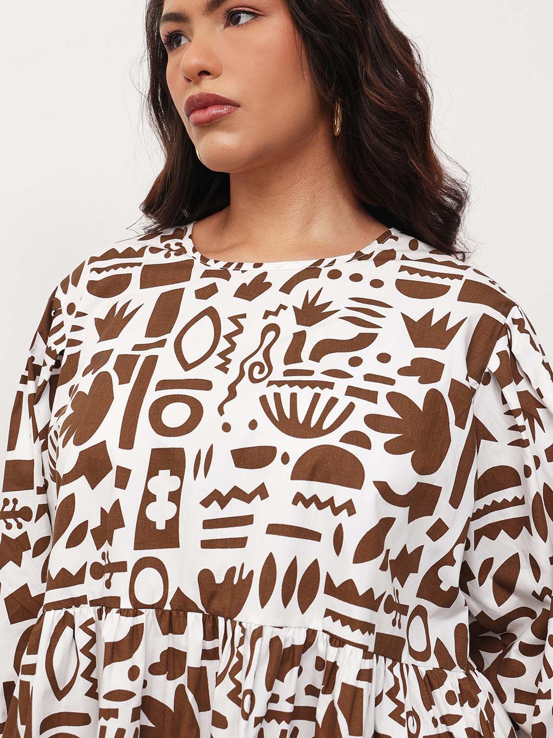 Women Brown & White Quirky Print Tie-Knot Peplum Top