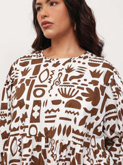 Women Brown & White Quirky Print Tie-Knot Peplum Top