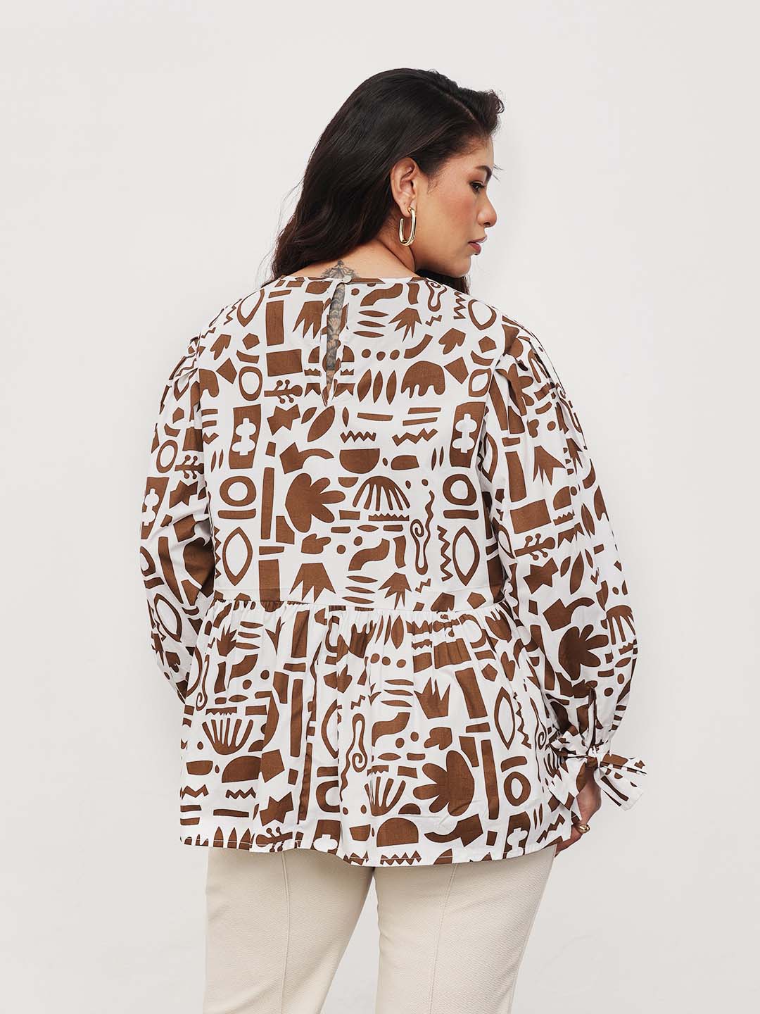 Women Brown & White Quirky Print Tie-Knot Peplum Top