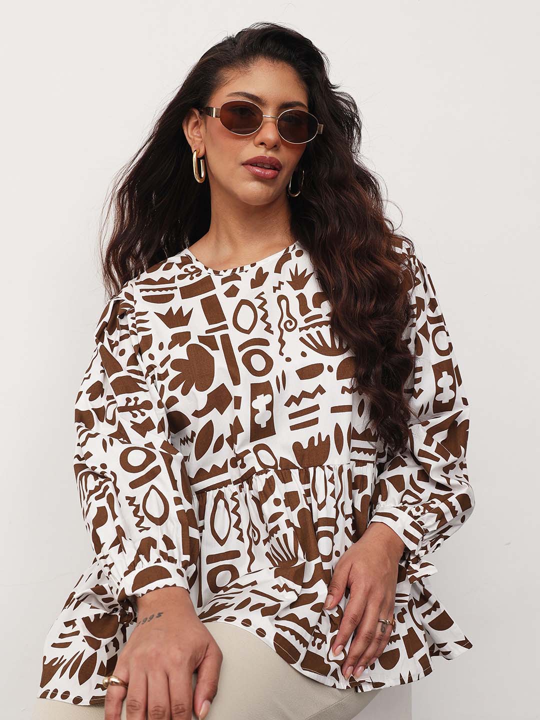 Women Brown & White Quirky Print Tie-Knot Peplum Top