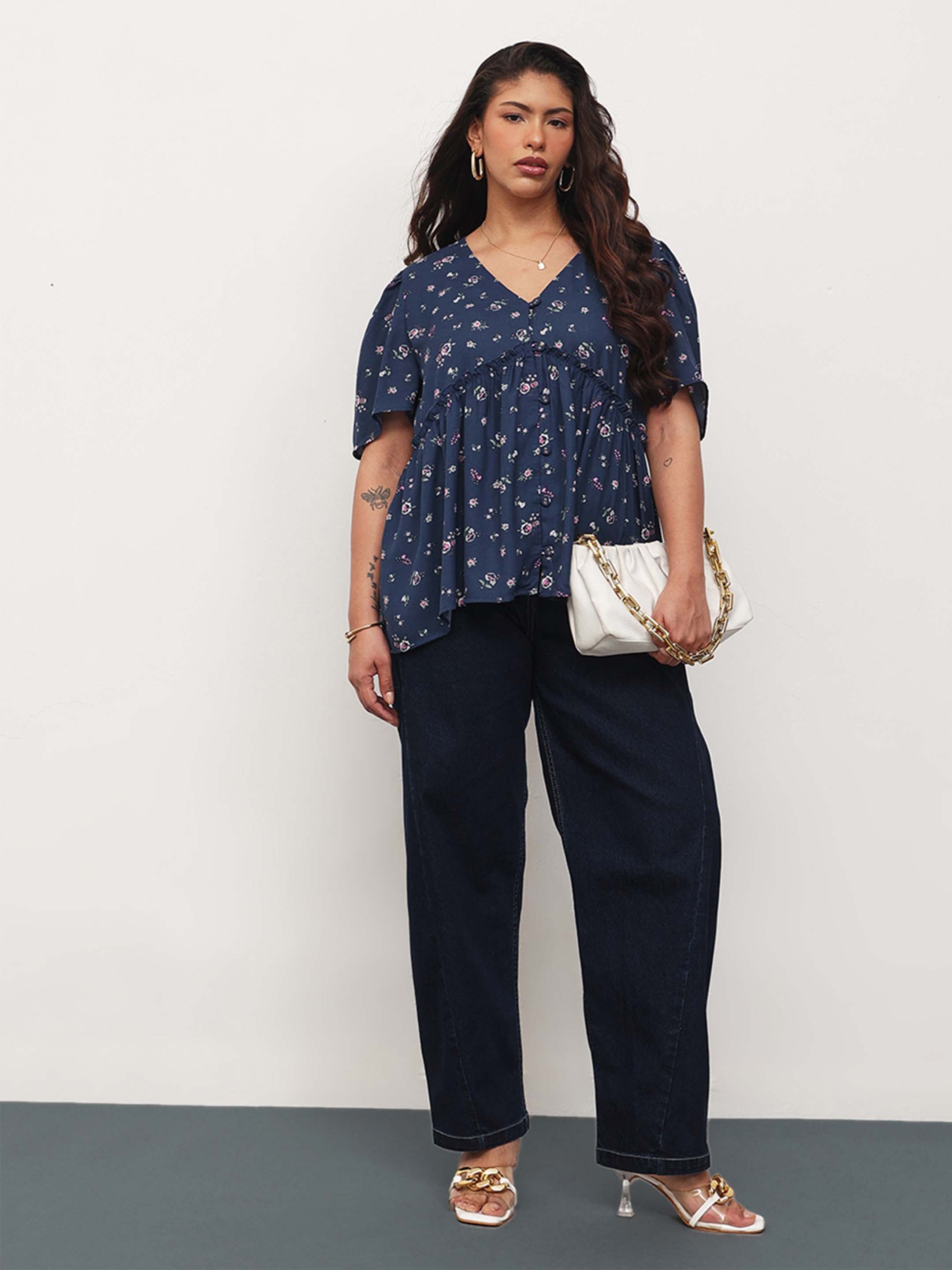 Women Navy Ditsy Floral V-Neck Peplum Top