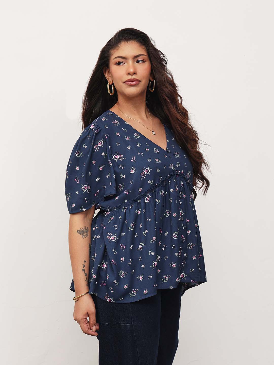 Women Navy Ditsy Floral V-Neck Peplum Top