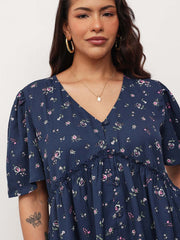 Women Navy Ditsy Floral V-Neck Peplum Top