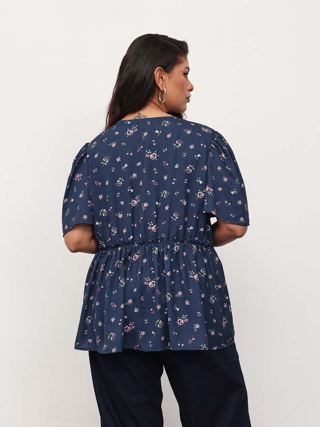 Women Navy Ditsy Floral V-Neck Peplum Top