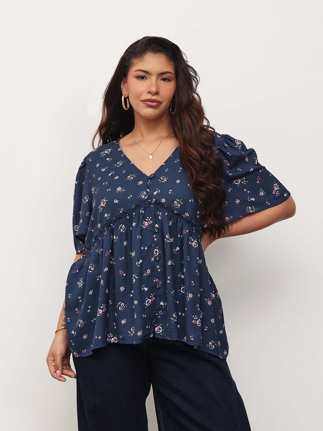 Women Navy Ditsy Floral V-Neck Peplum Top