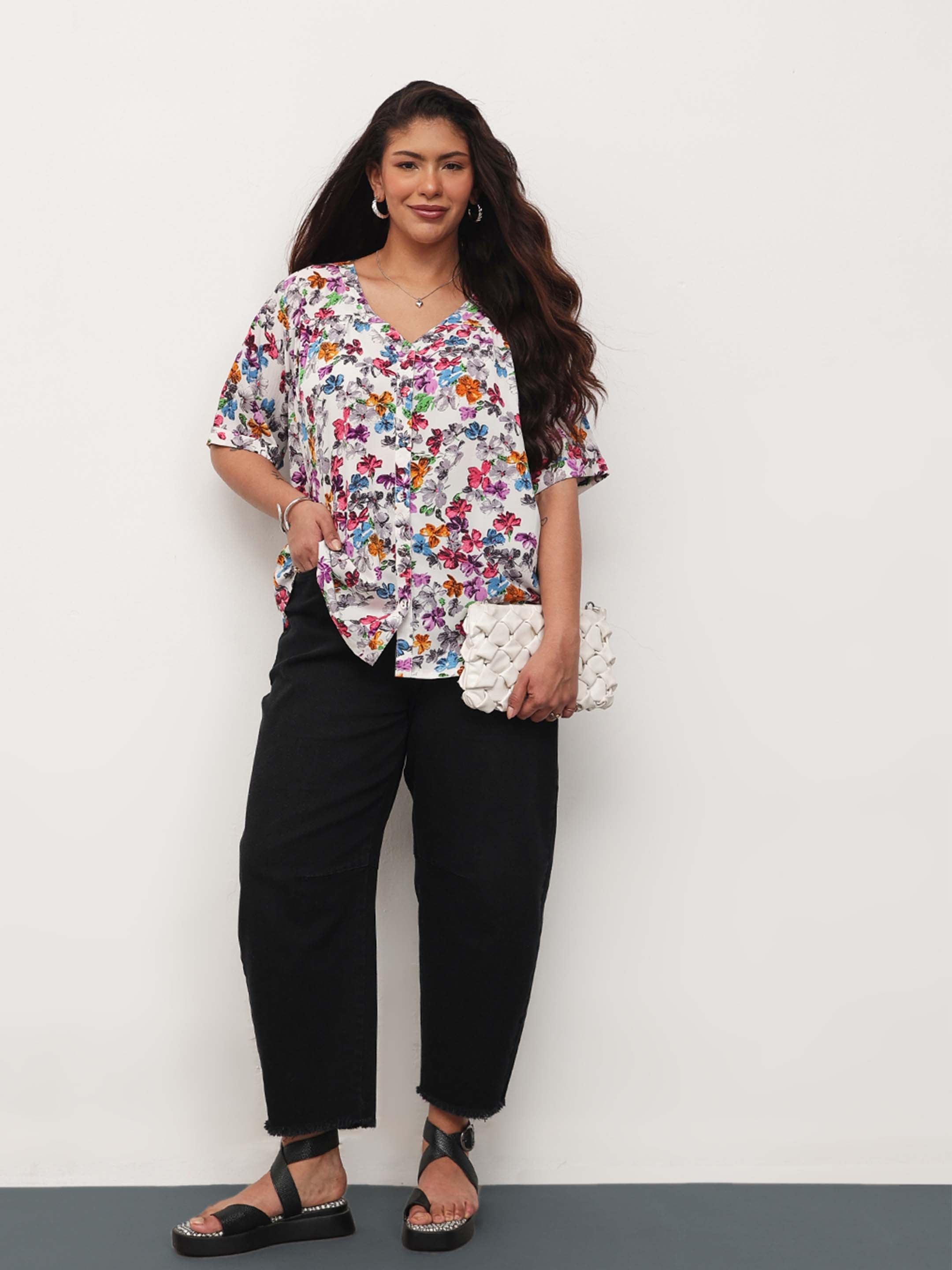 Women White Multi Floral V-Neck Button Down Top