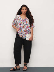 Women White Multi Floral V-Neck Button Down Top