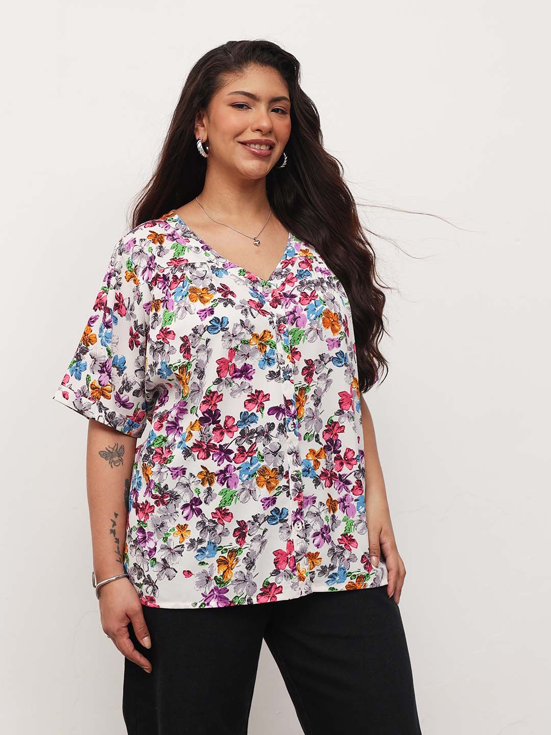 Women White Multi Floral V-Neck Button Down Top
