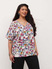 Women White Multi Floral V-Neck Button Down Top
