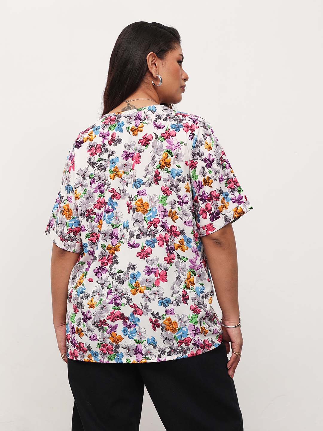 Women White Multi Floral V-Neck Button Down Top