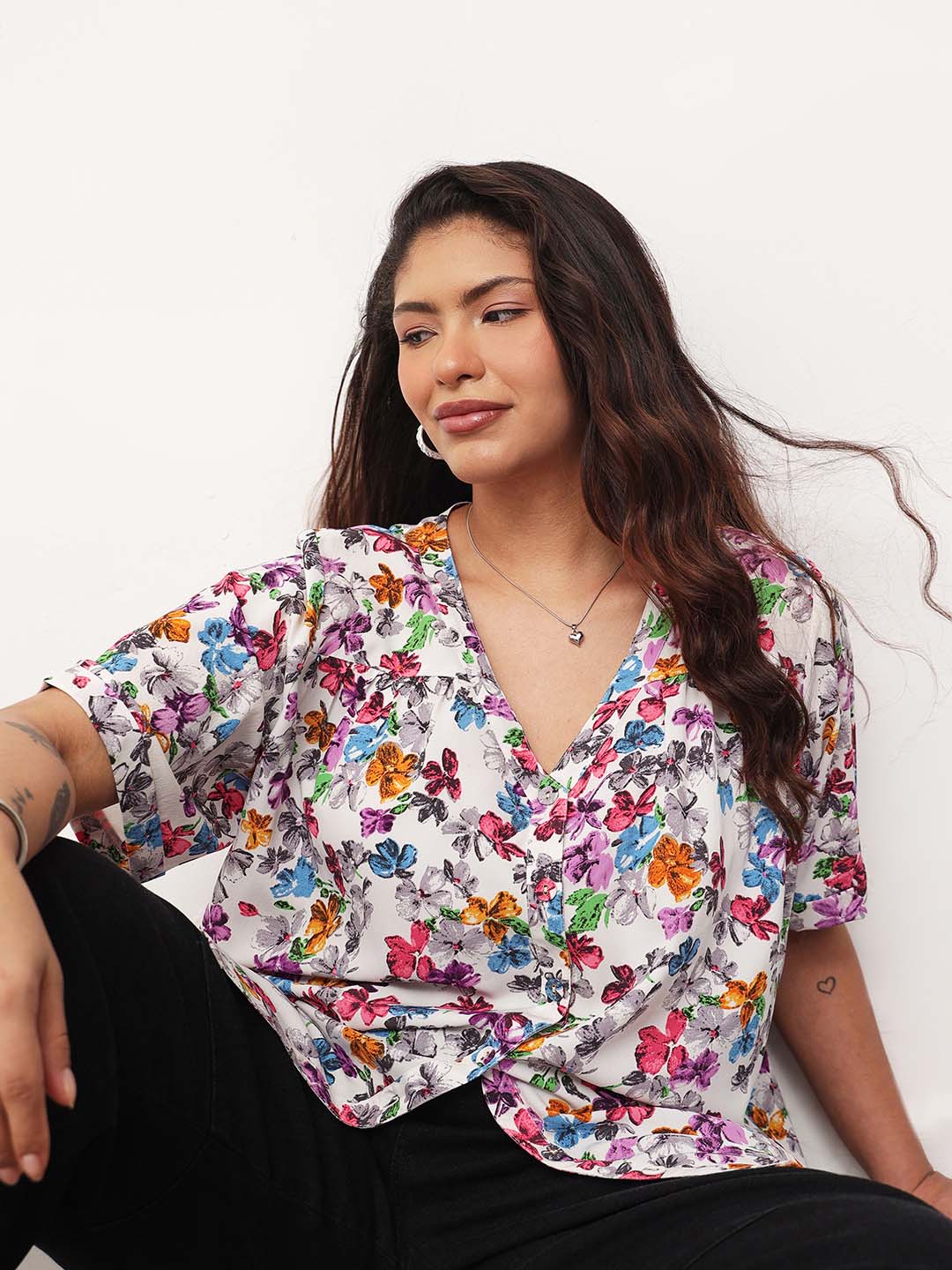 Women White Multi Floral V-Neck Button Down Top