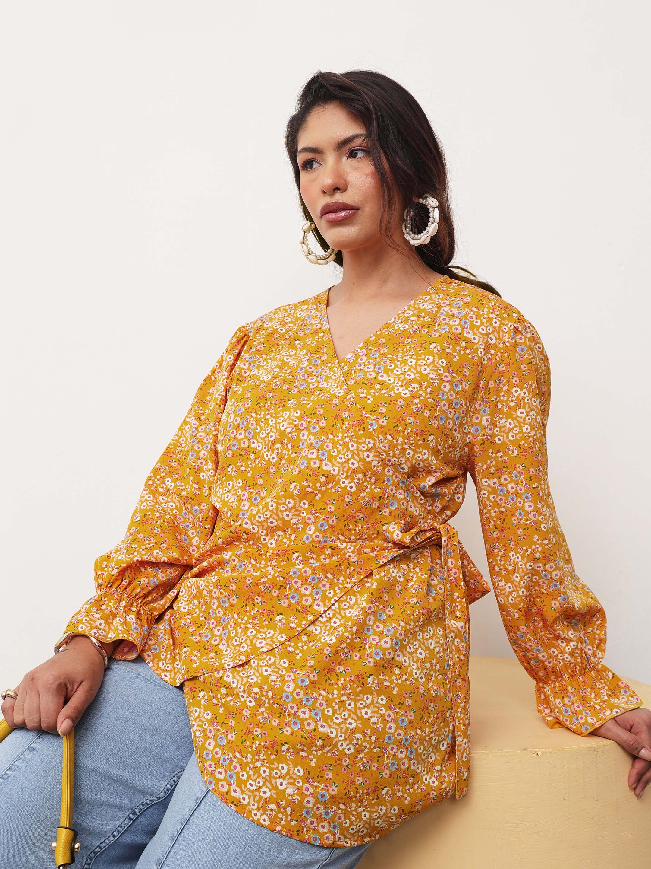 Women Yellow Ditsy Floral Side Knot Wrap Top