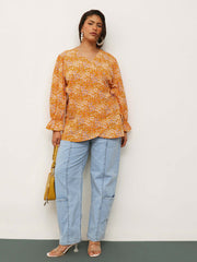 Women Yellow Ditsy Floral Side Knot Wrap Top