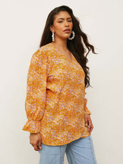 Women Yellow Ditsy Floral Side Knot Wrap Top