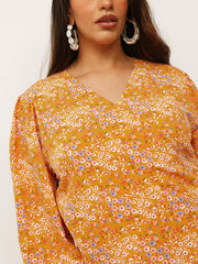 Women Yellow Ditsy Floral Side Knot Wrap Top