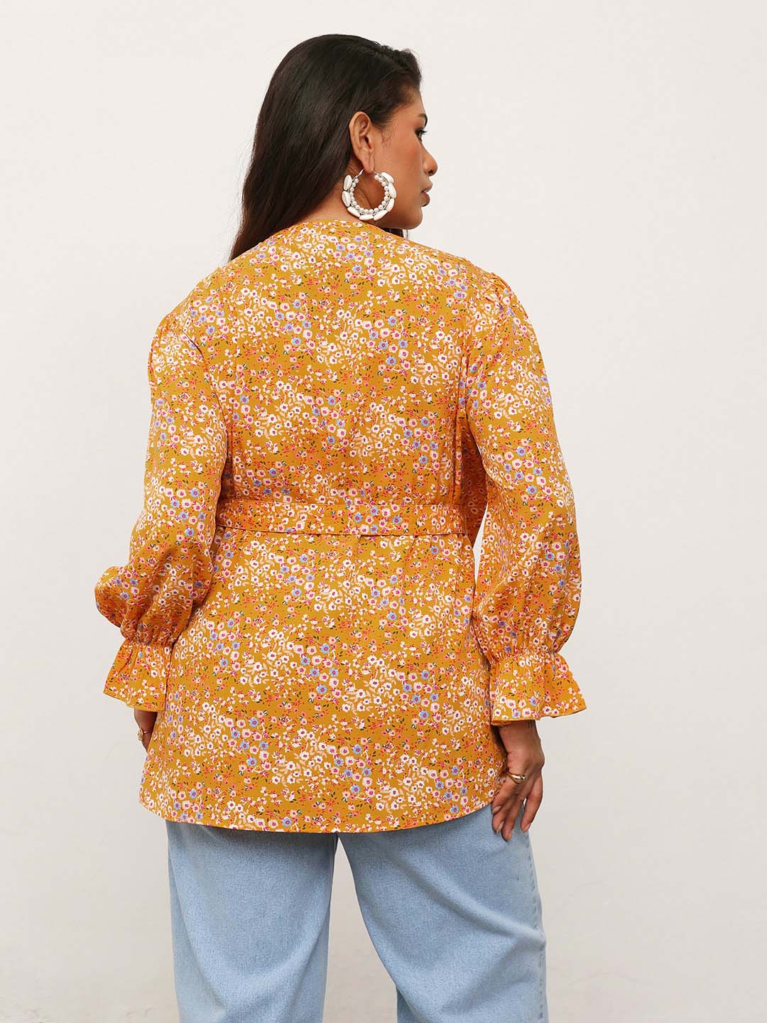 Women Yellow Ditsy Floral Side Knot Wrap Top