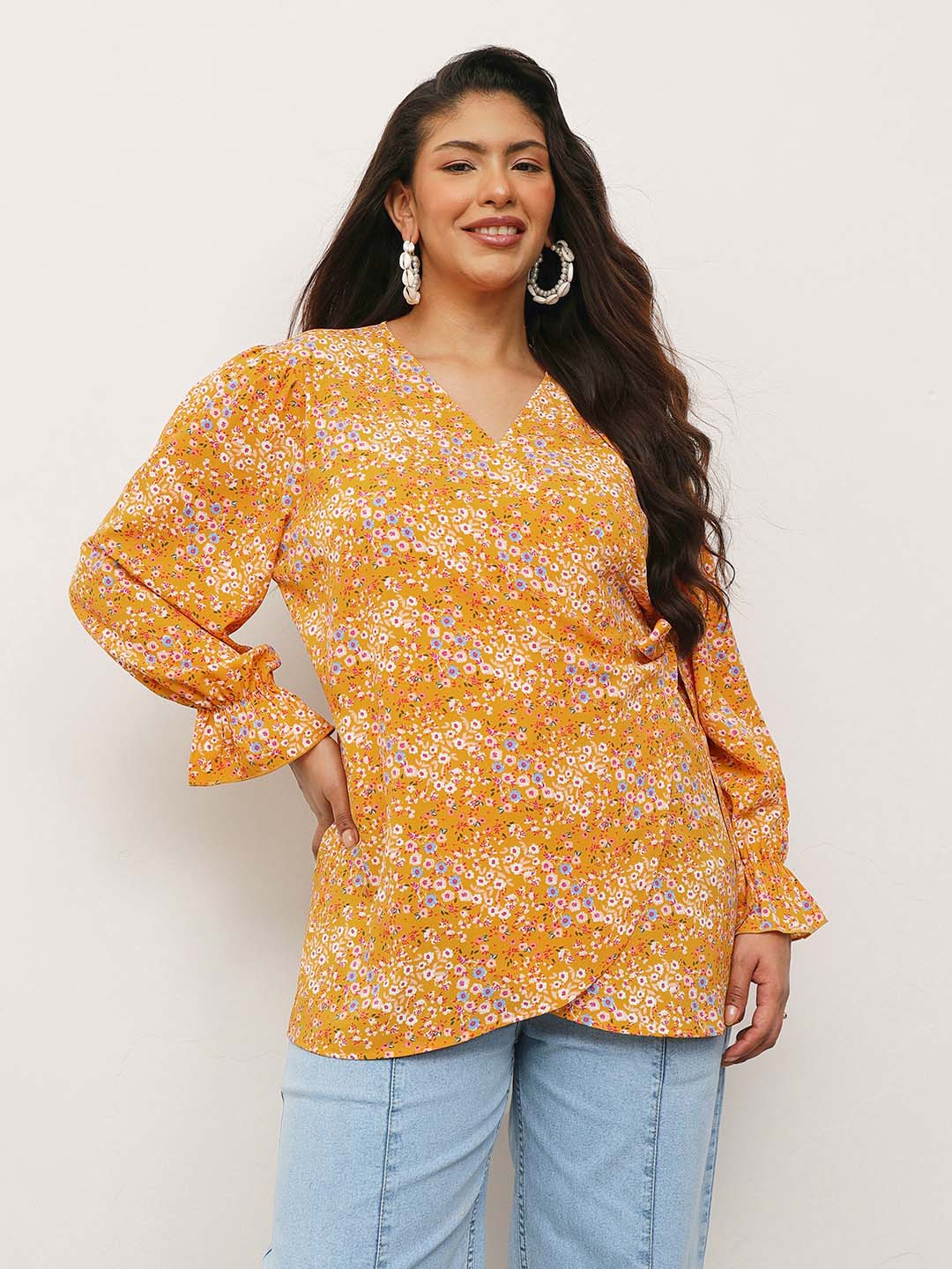 Women Yellow Ditsy Floral Side Knot Wrap Top