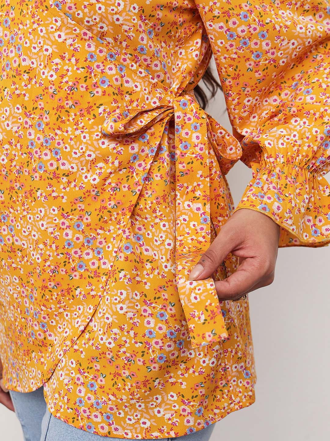 Women Yellow Ditsy Floral Side Knot Wrap Top
