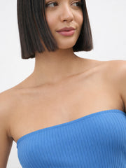 Women Blue Rib Side Slit Tube Top