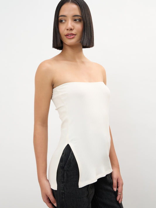 Women Off-White Rib Side Slit Tube Top
