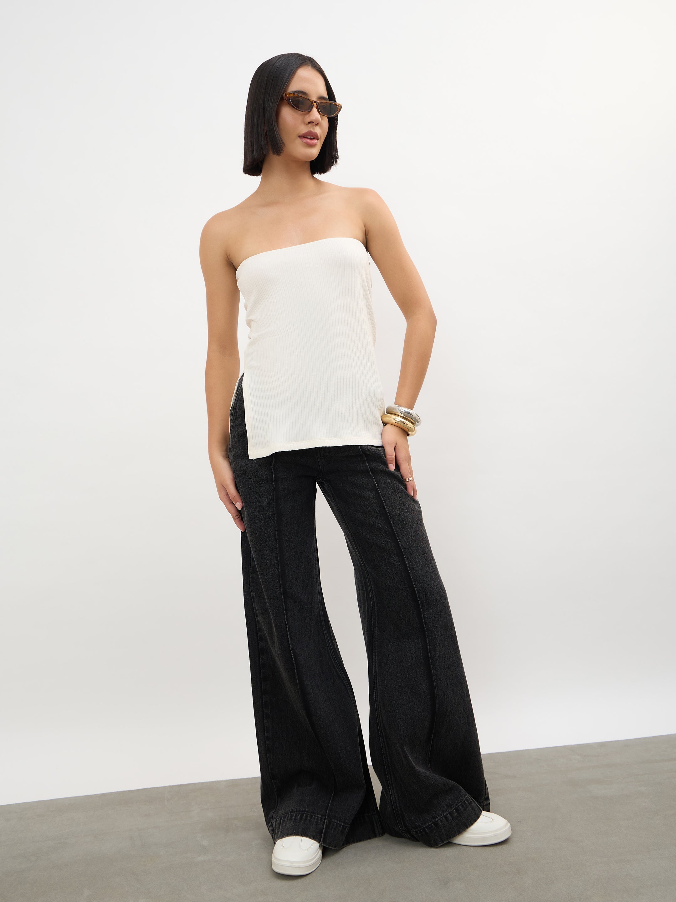 Women Off-White Rib Side Slit Tube Top
