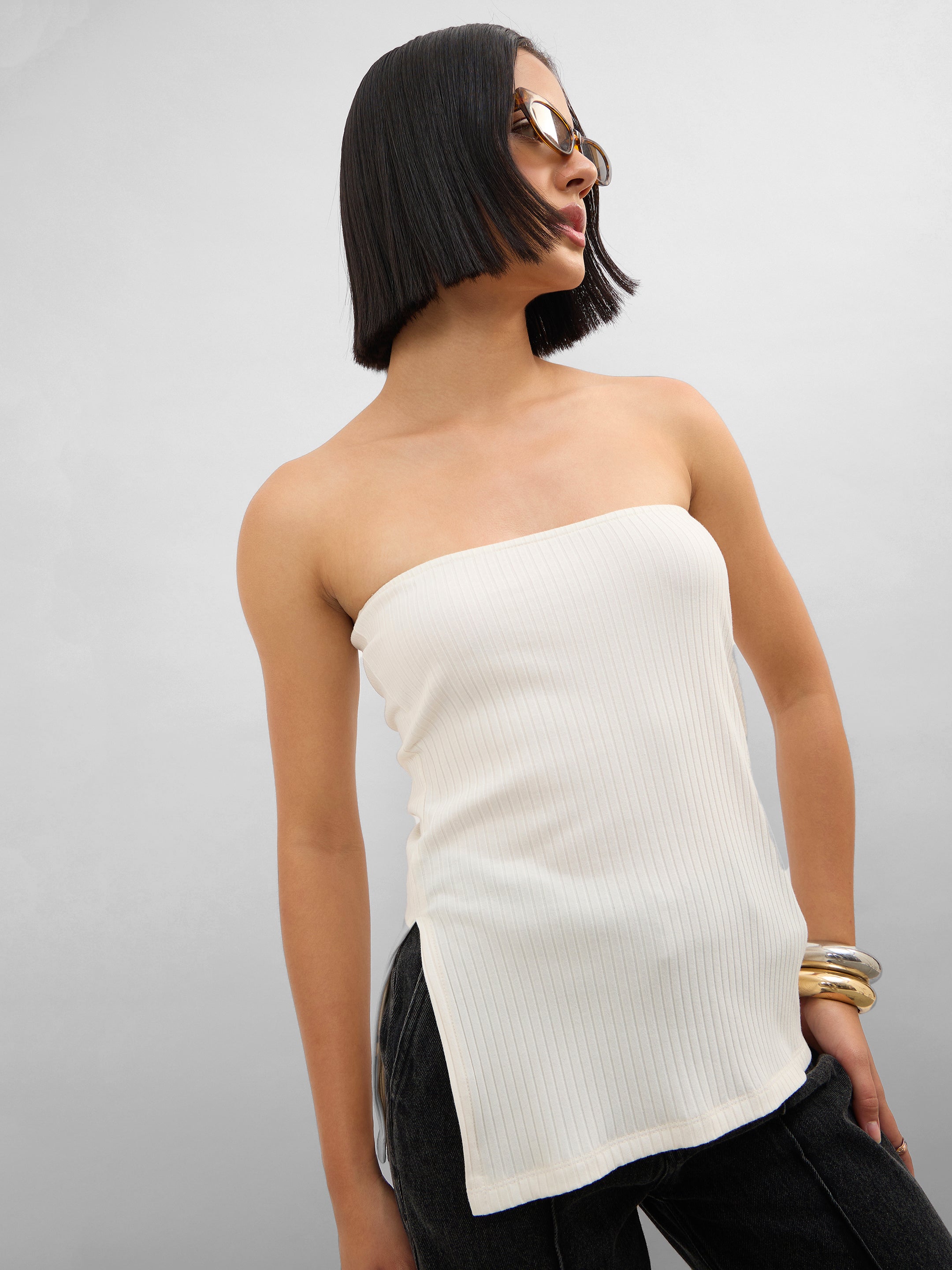 Women Off-White Rib Side Slit Tube Top