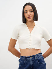 Women Off-White V-Neck Button Down Crop Top