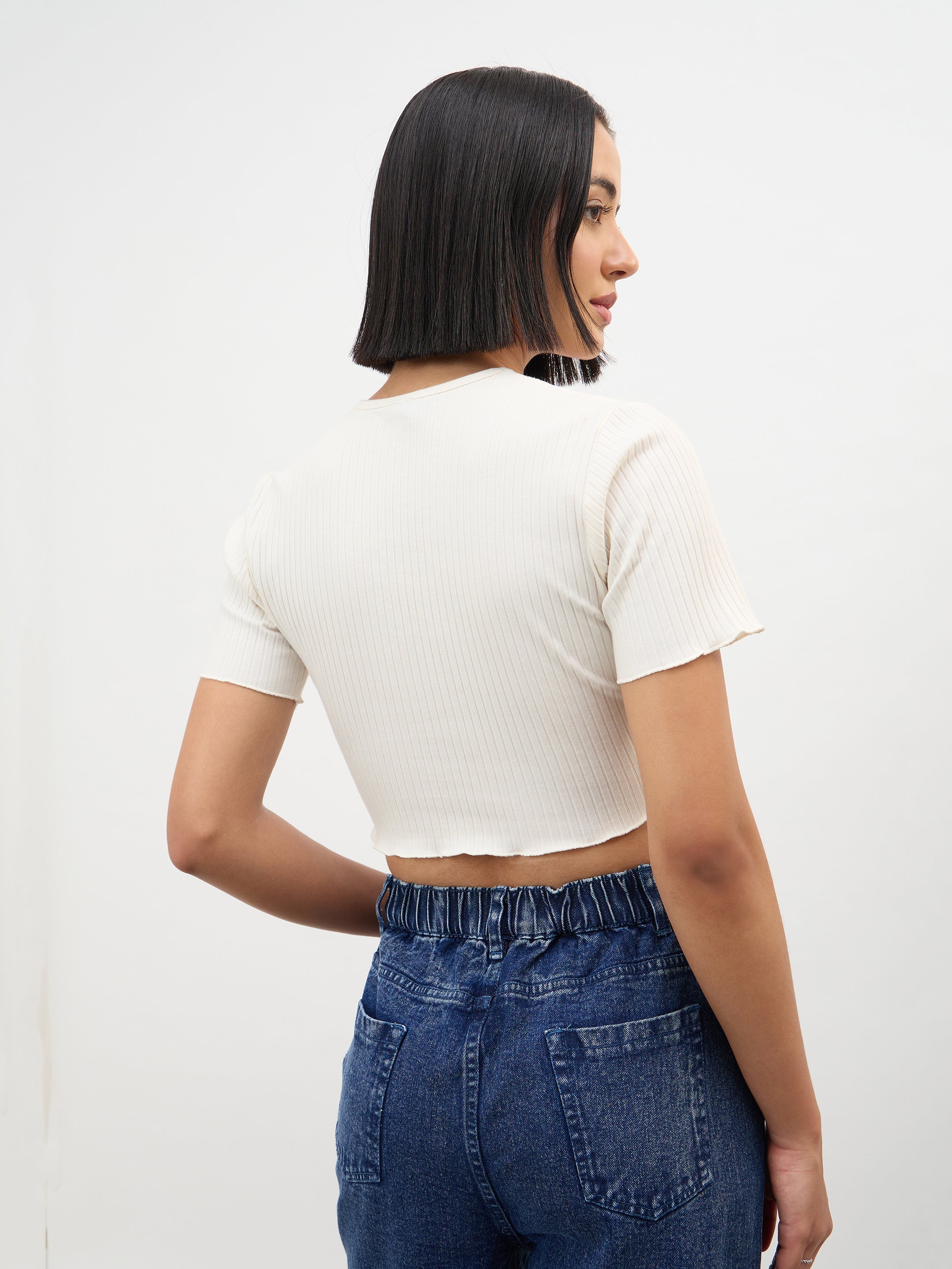 Women Off-White V-Neck Button Down Crop Top