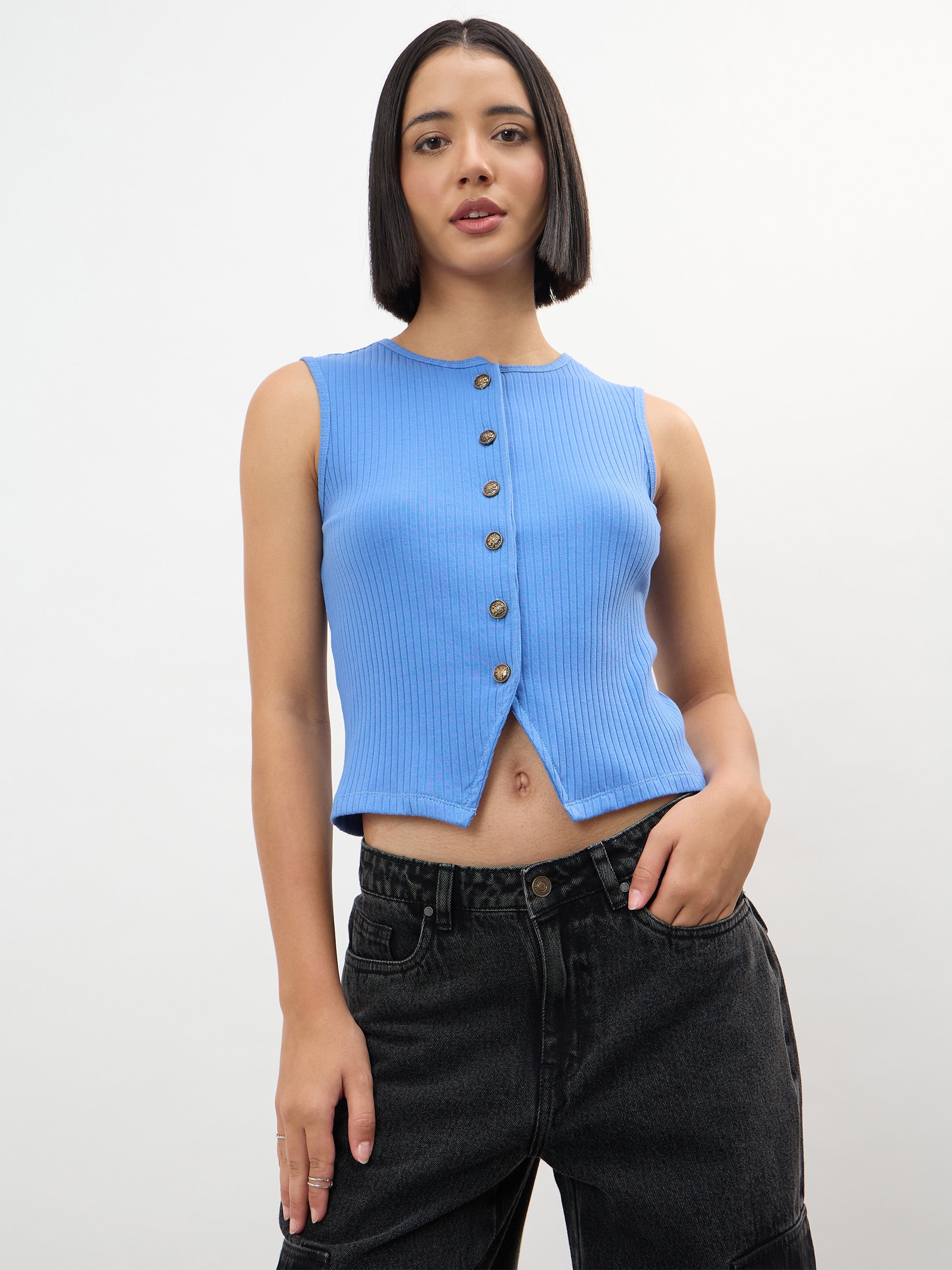 Women Blue Round Neck Button Down Sleeveless Top