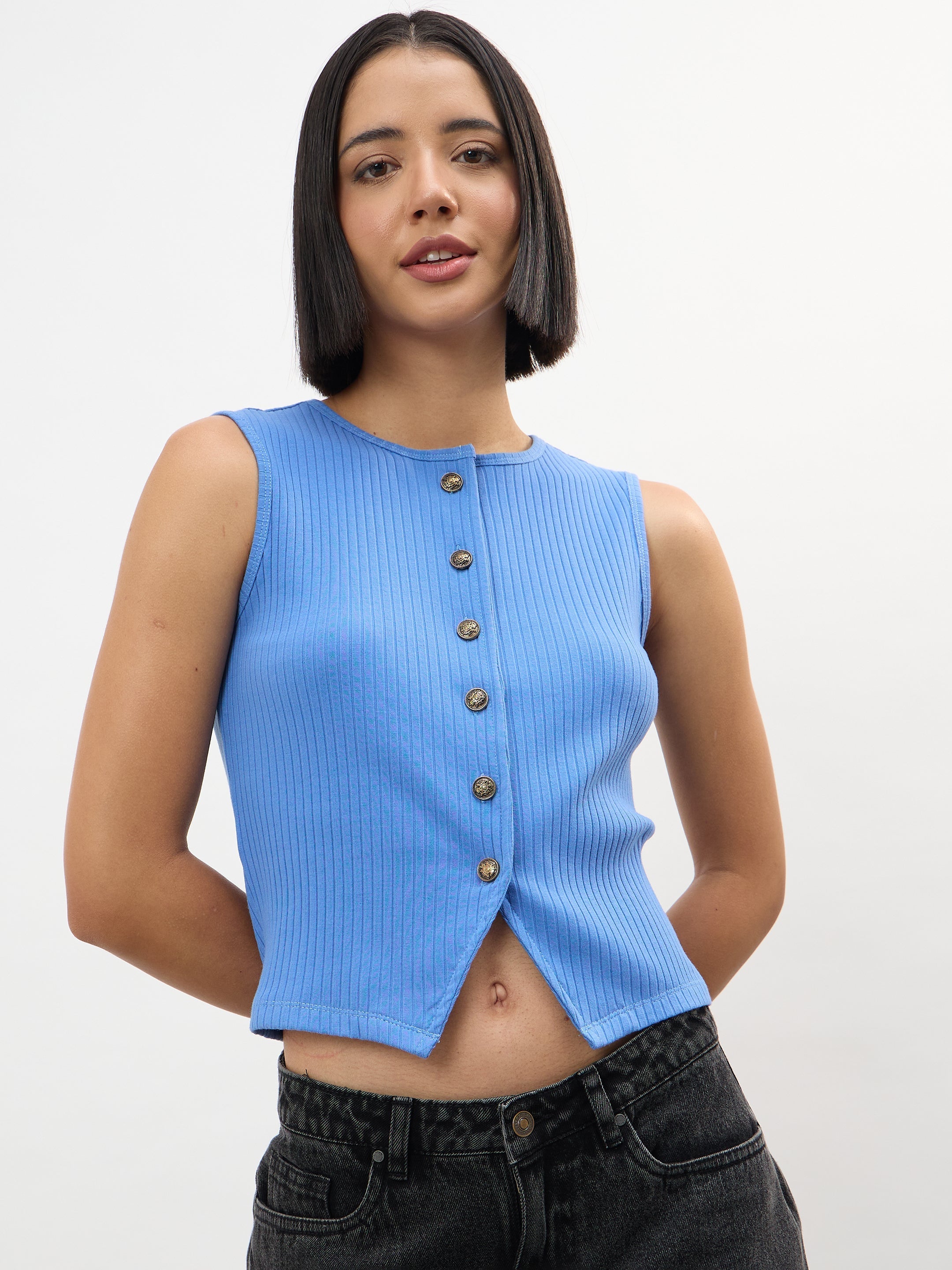 Women Blue Round Neck Button Down Sleeveless Top
