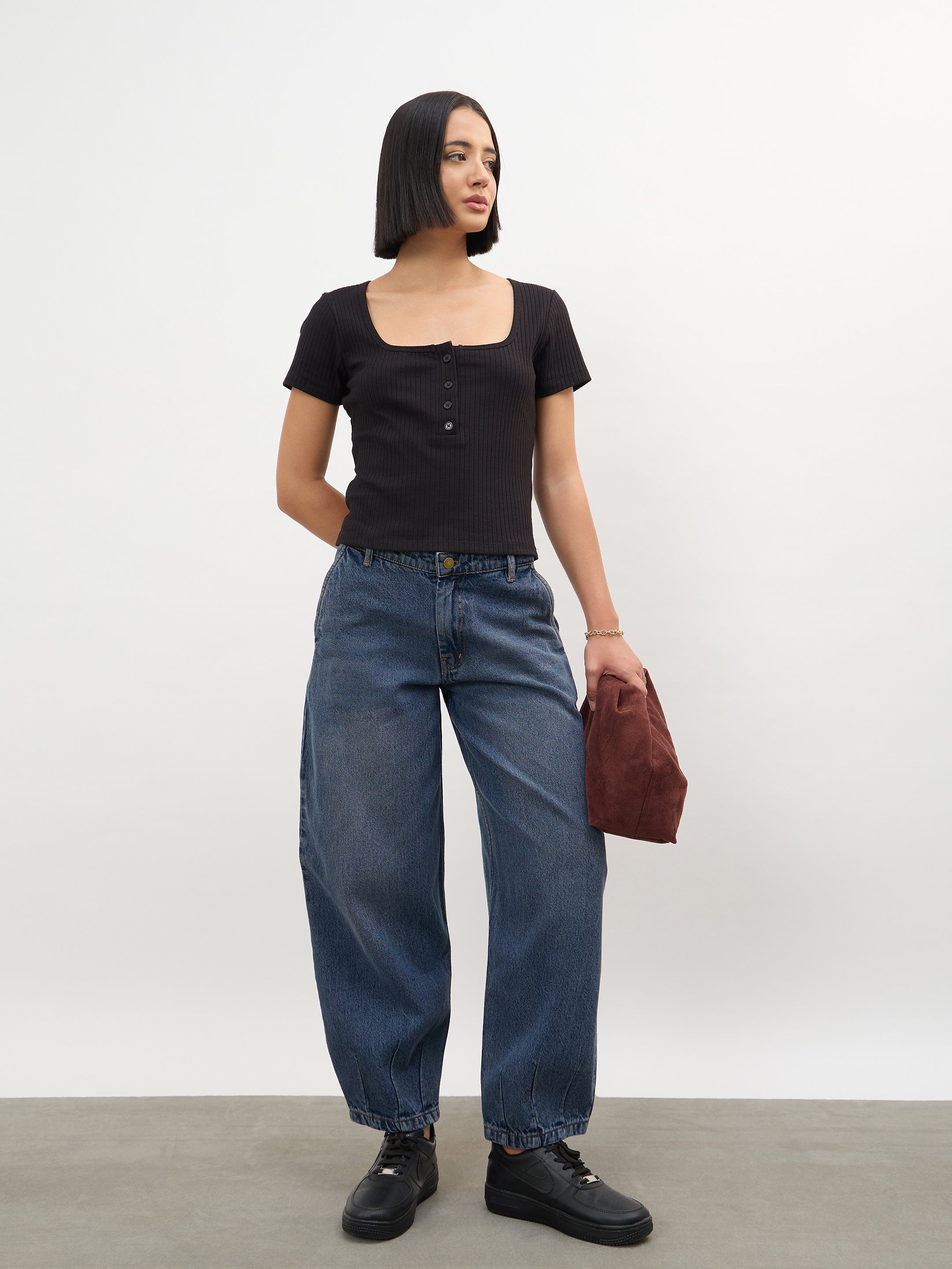 Women Black Square-Neck Regular Top