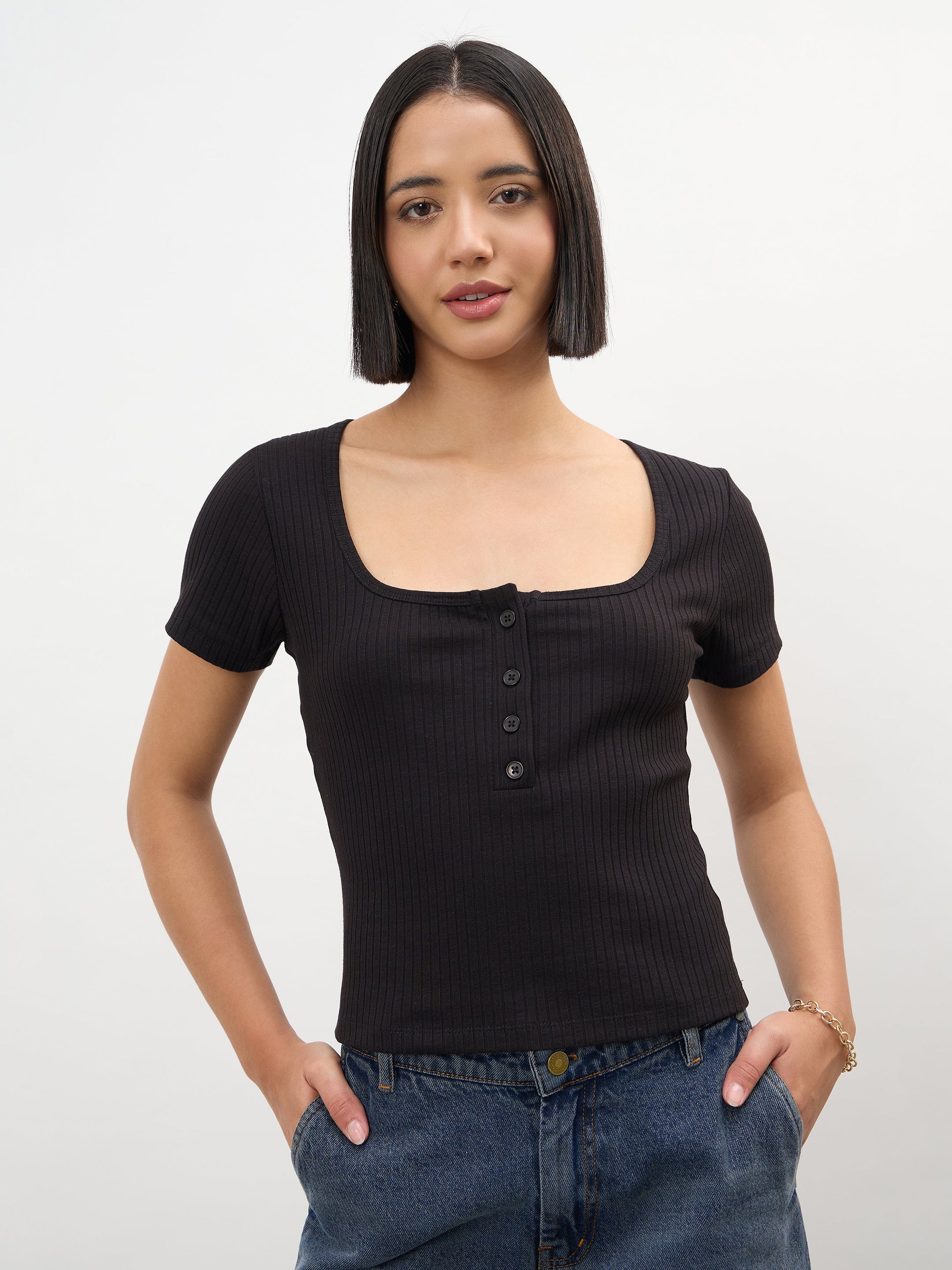 Women Black Square-Neck Regular Top