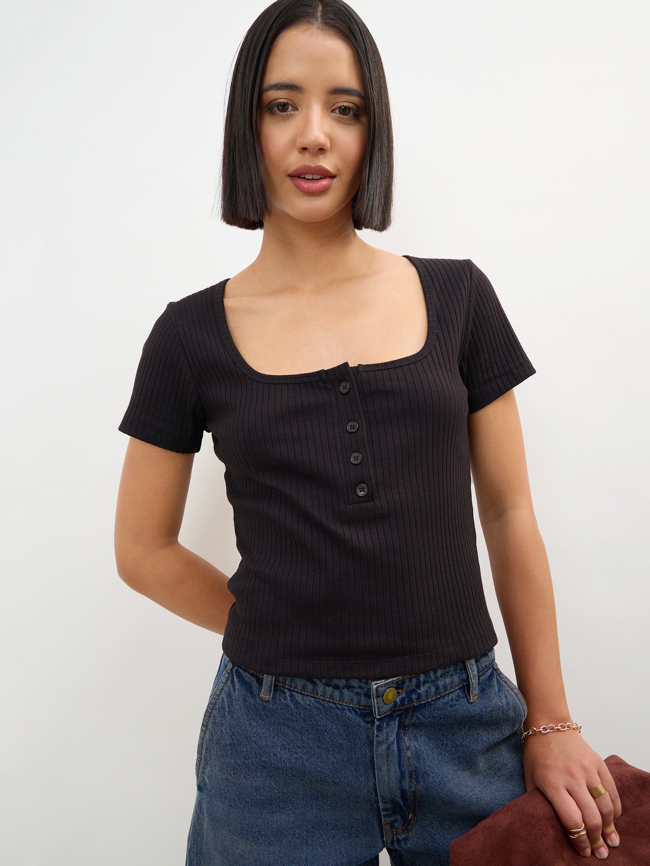 Women Black Square-Neck Regular Top