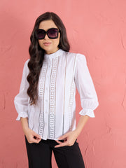 Women White Poplin Mandarin Collar Lace Top