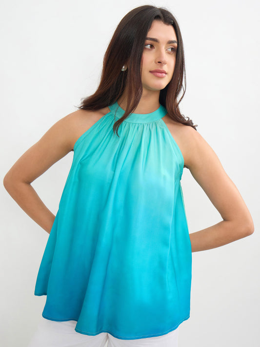 Women Sea Green Ombree Halter Neck A-Line Top