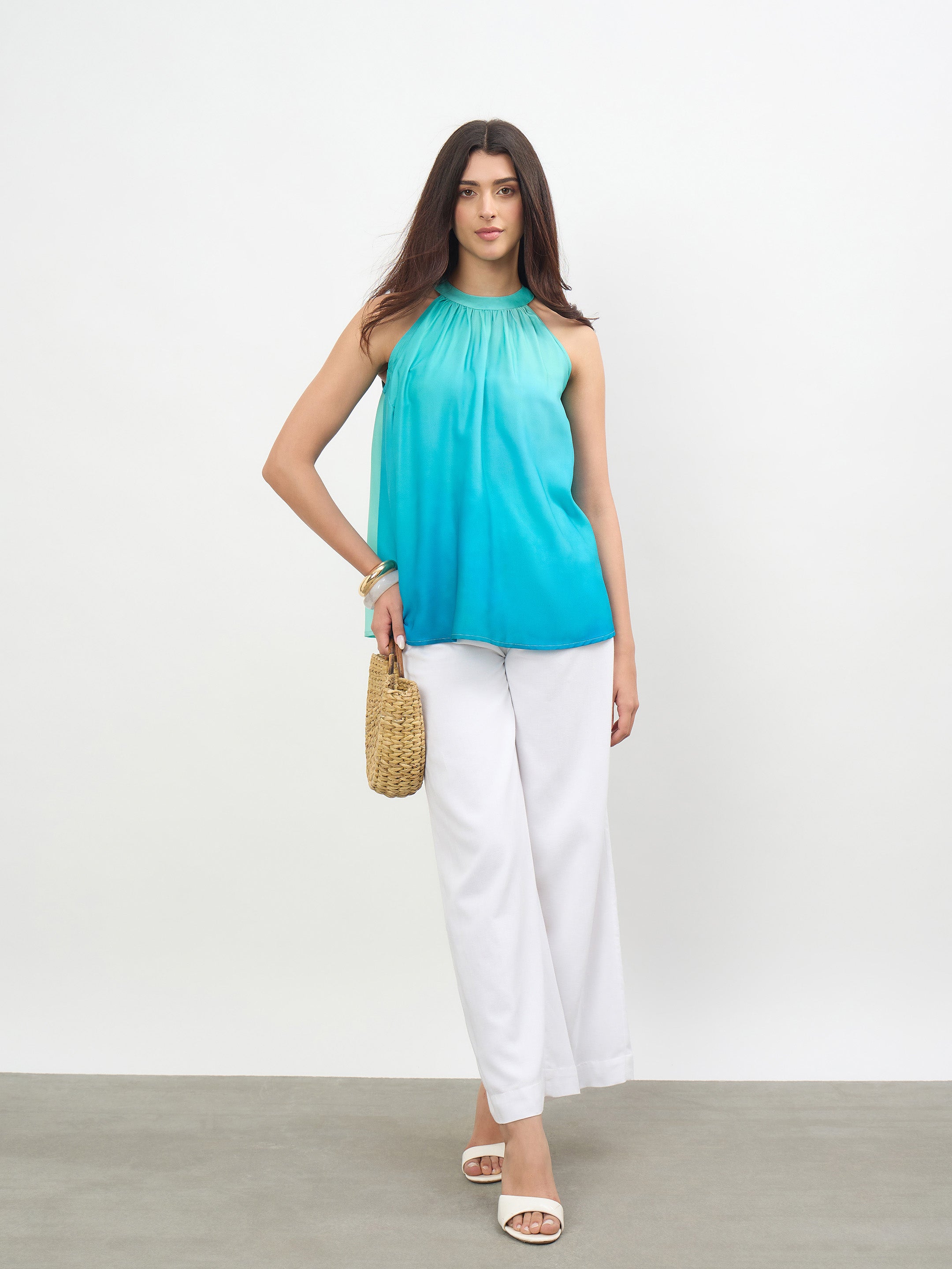 Women Sea Green Ombree Halter Neck A-Line Top
