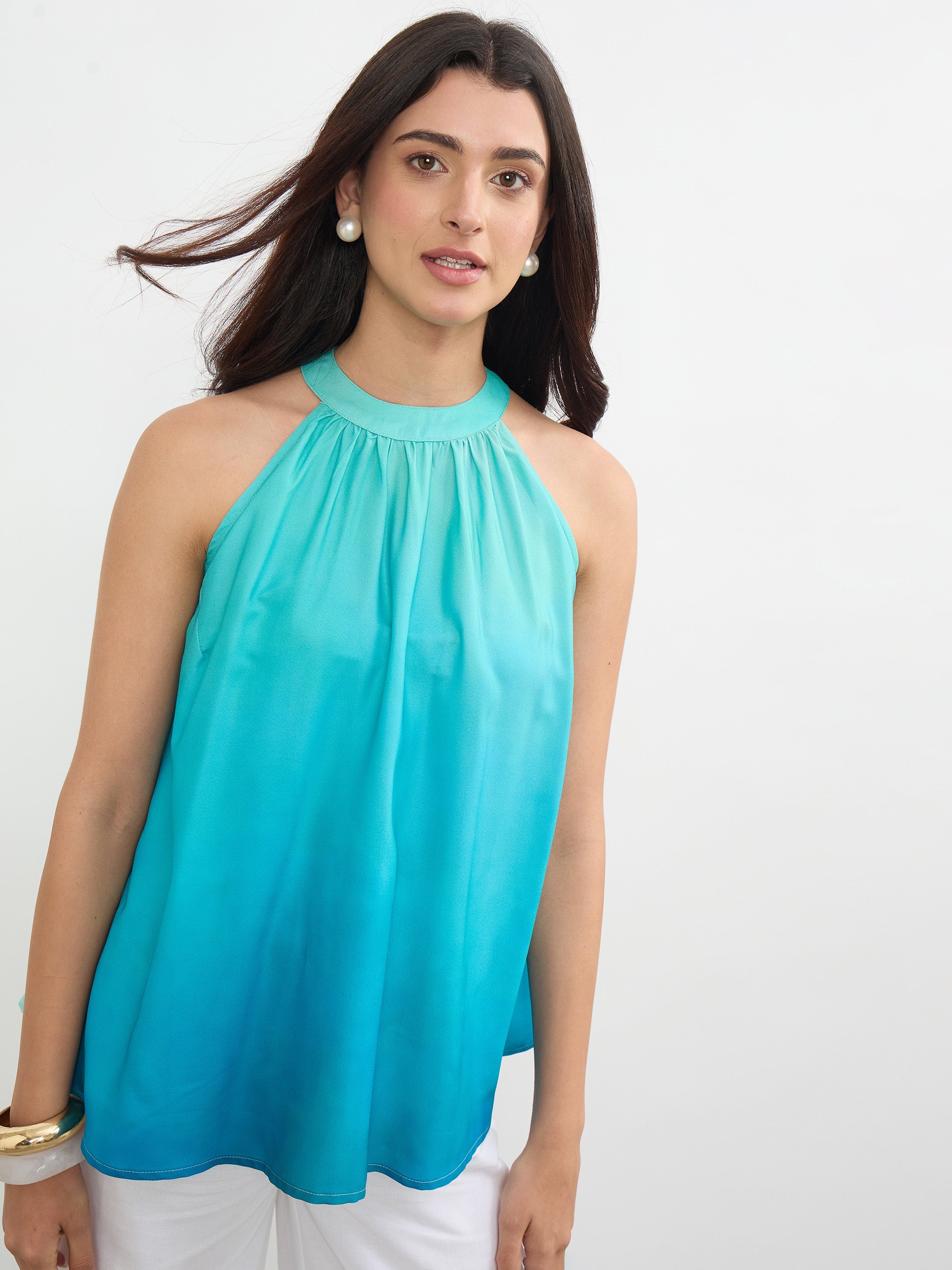 Women Sea Green Ombree Halter Neck A-Line Top
