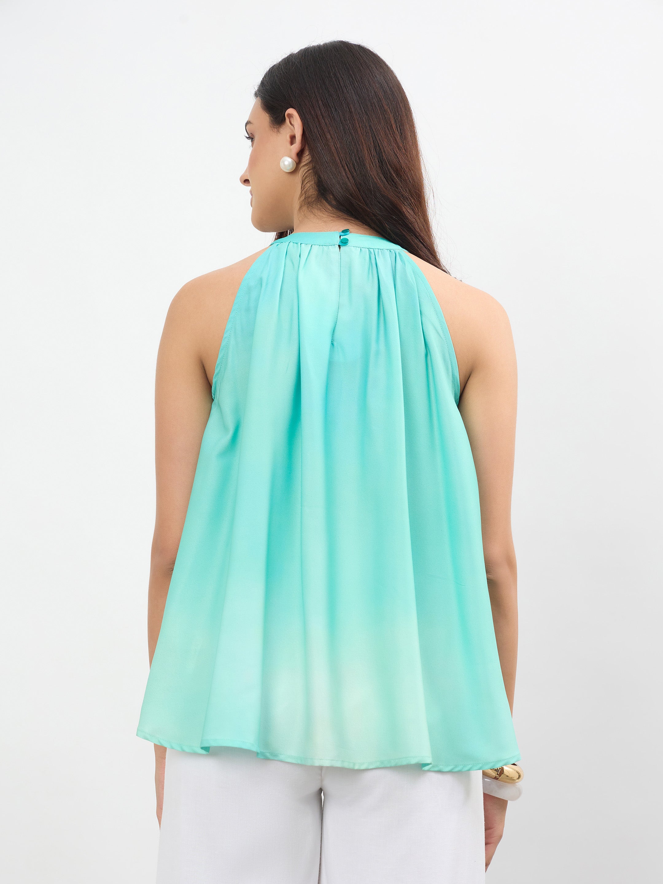 Women Sea Green Ombree Halter Neck A-Line Top