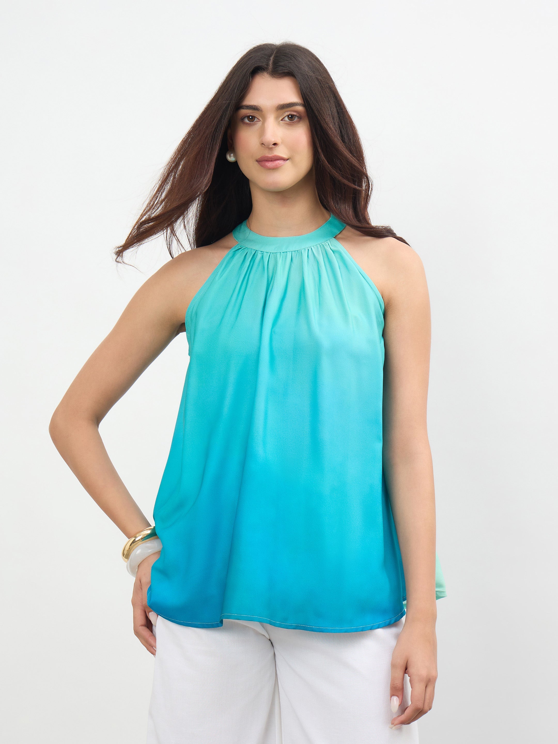Women Sea Green Ombree Halter Neck A-Line Top