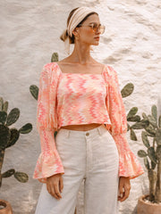 Women Orange Ikat Print Square Neck Regular Top