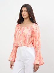 Women Orange Ikat Print Square Neck Regular Top