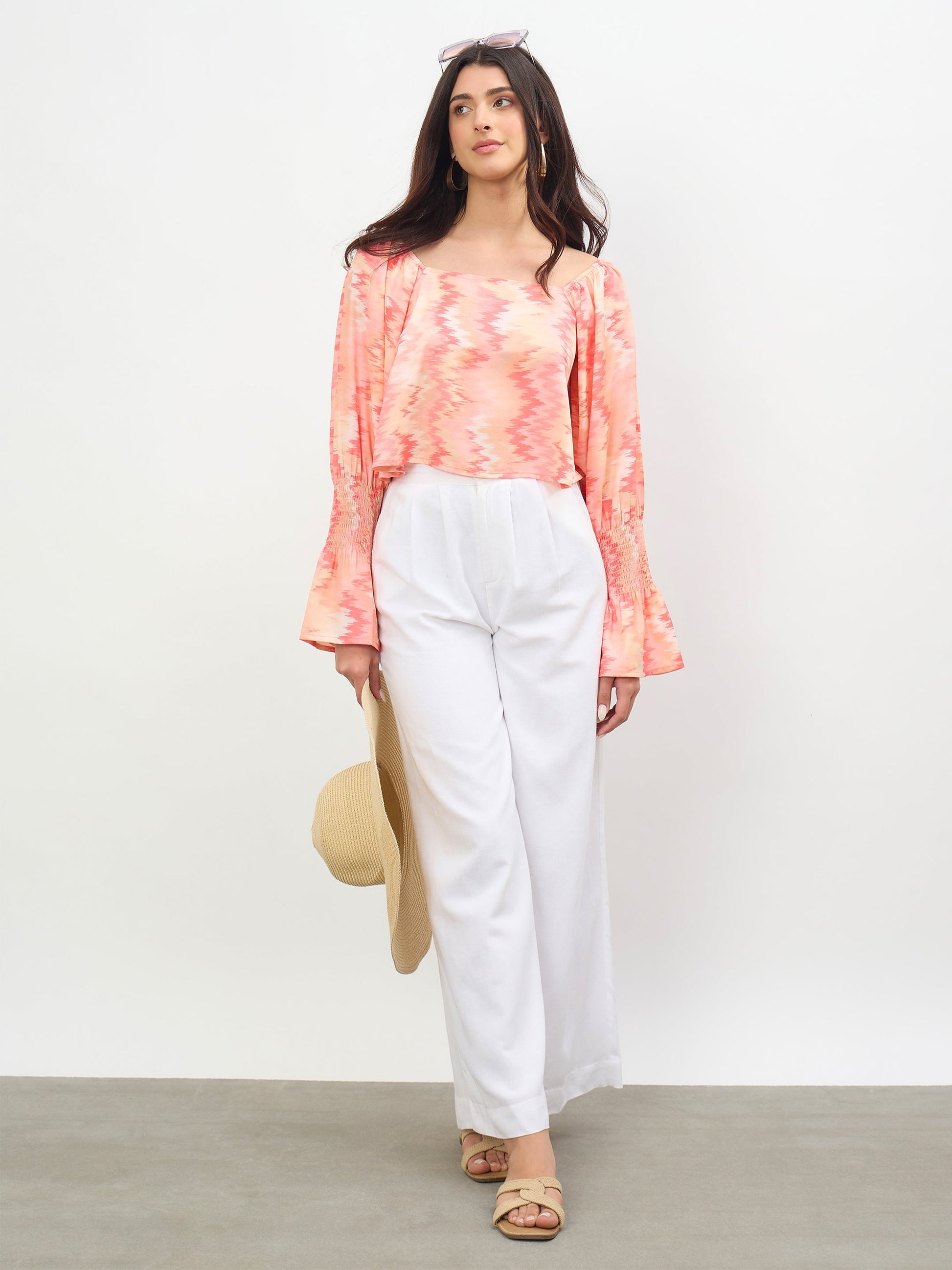 Women Orange Ikat Print Square Neck Regular Top