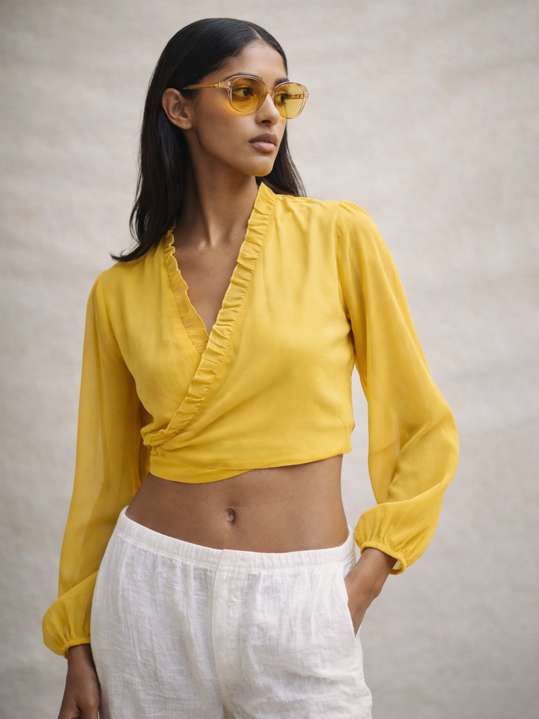 Women Yellow Frill Detail Wrap Top