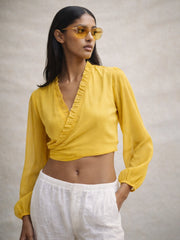 Women Yellow Frill Detail Wrap Top