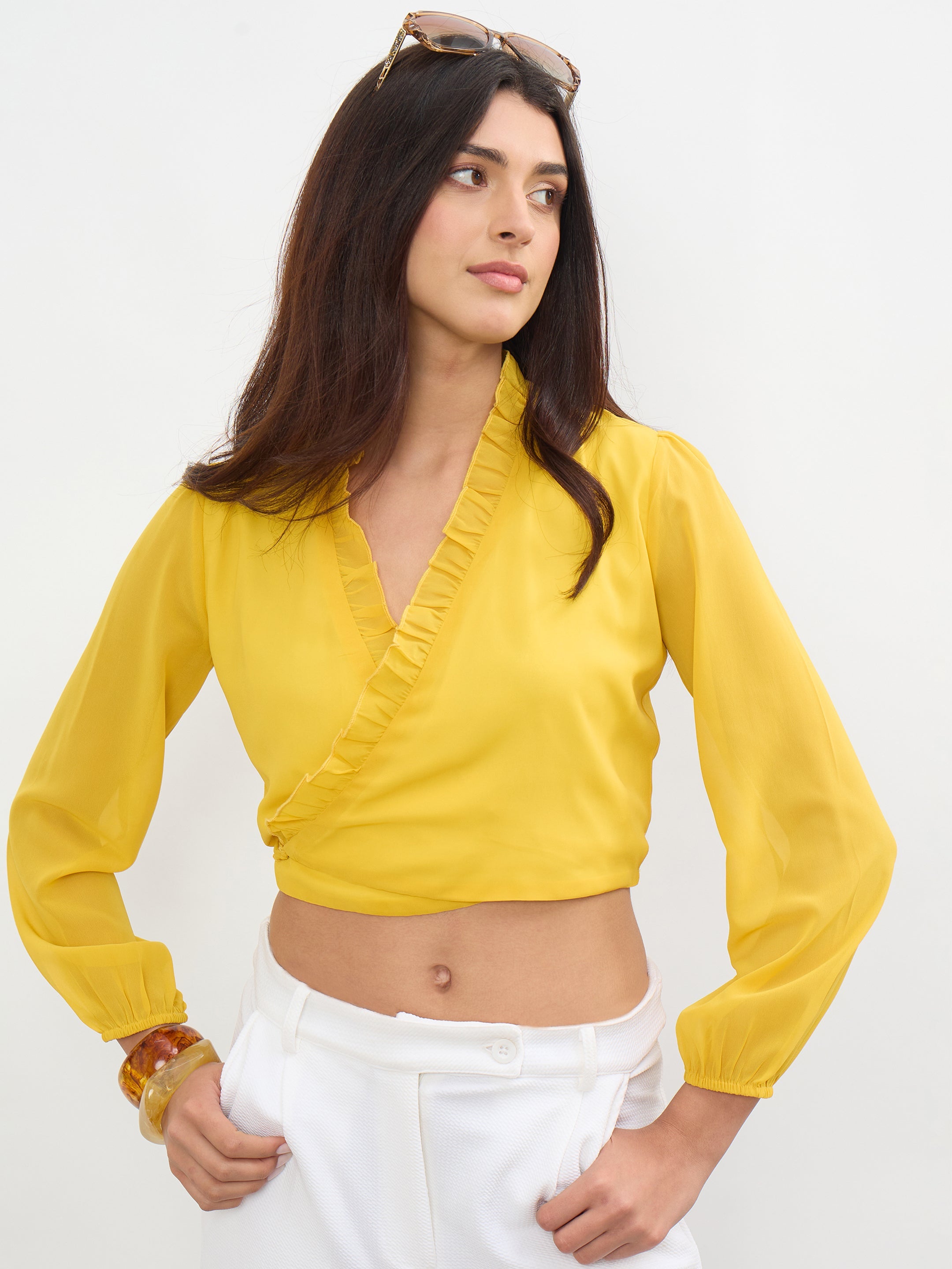 Women Yellow Frill Detail Wrap Top