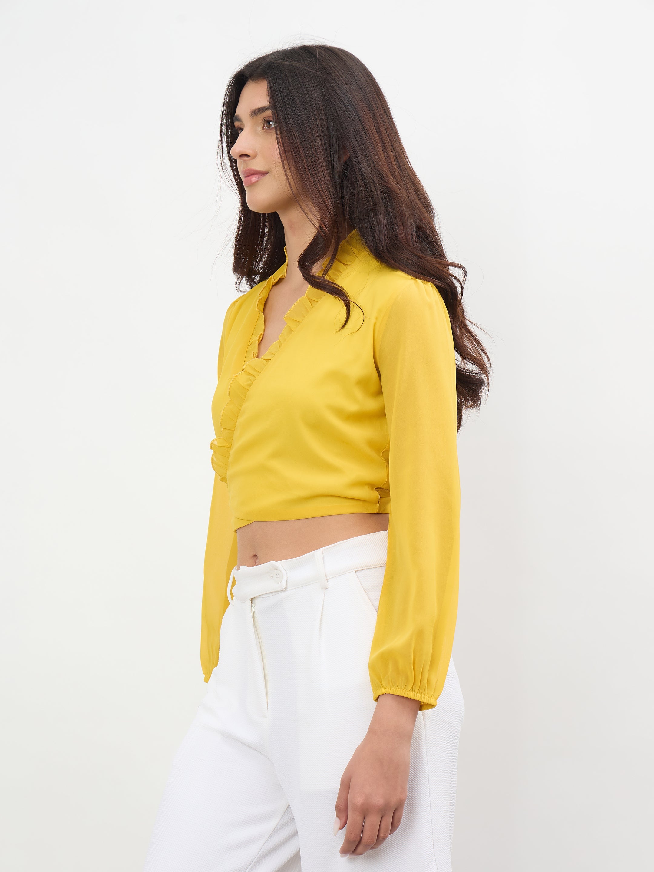 Women Yellow Frill Detail Wrap Top